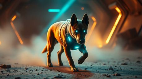 Experience a captivating scene featuring a futuristic dog with mesmerizing glowing teal eyes and warm terracotta fur, autonom