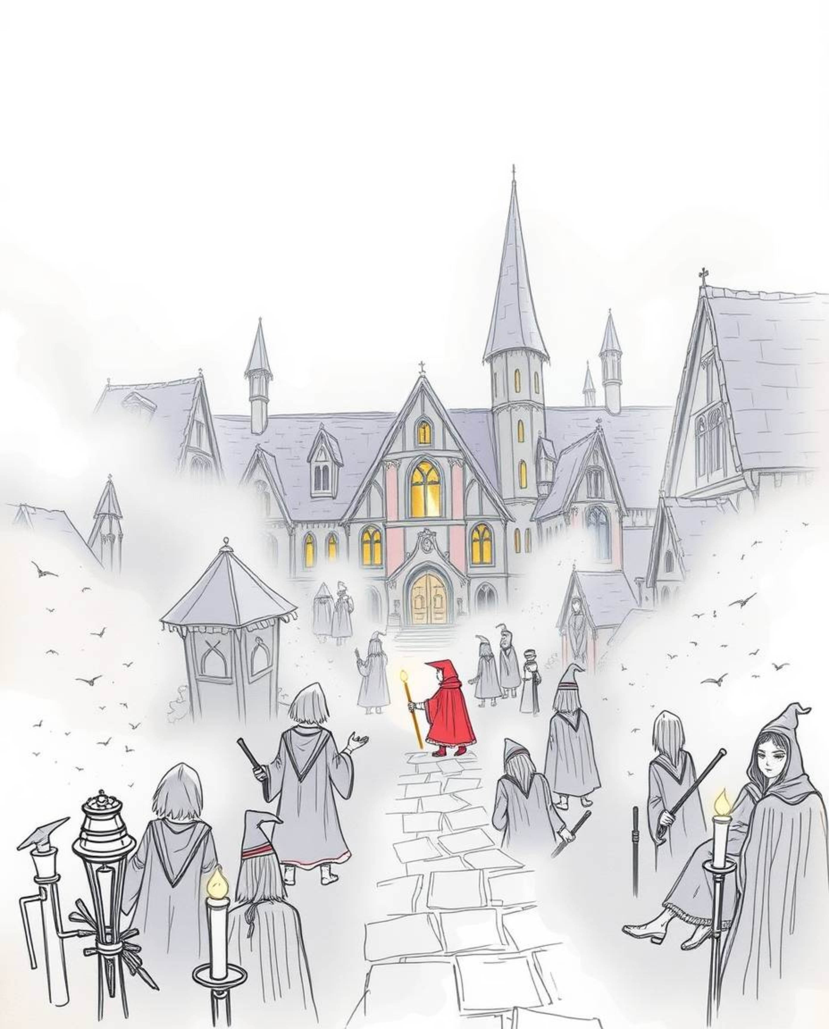 Explore a magical school brimming with young wizards, rendered in a captivating hand-drawn style. The color sketchnote aesthe