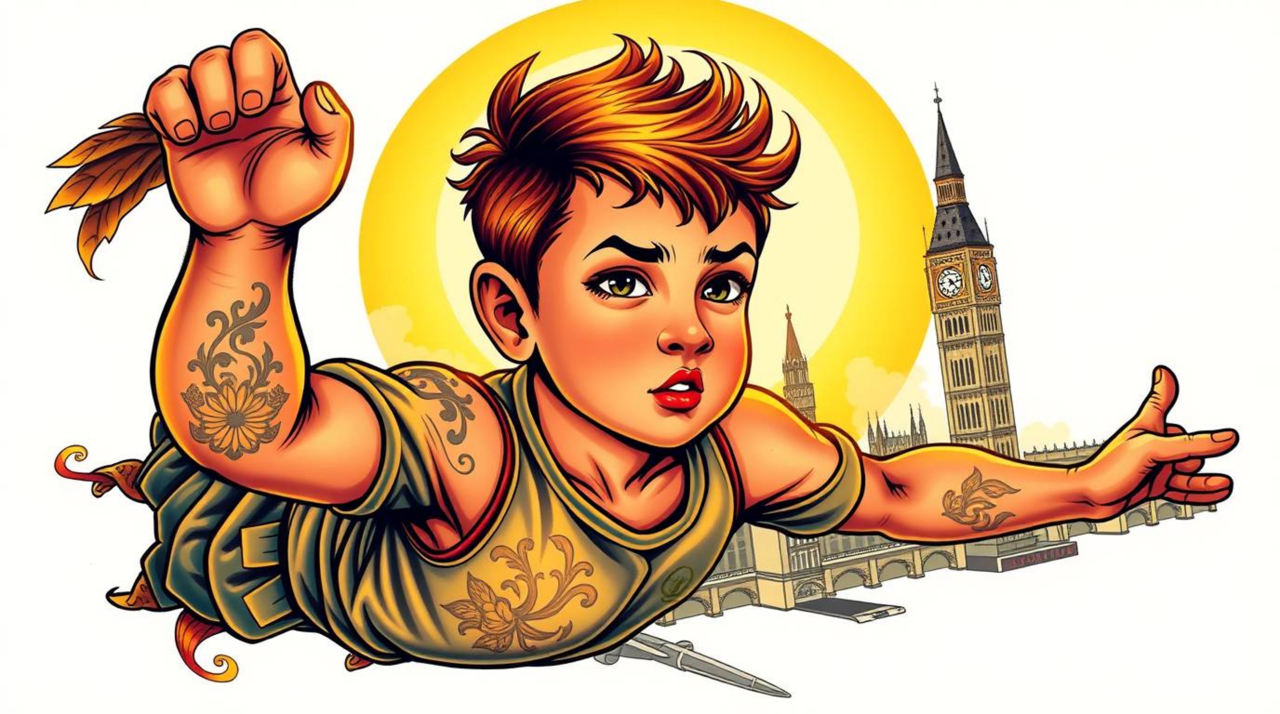 This captivating traditional tattoo art print features a young boy with golden-brown skin and a determined expression soaring