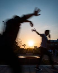A candid street photography style image depicting a sunset over a serene Zen garden with blurred lines, dynamic action poses,