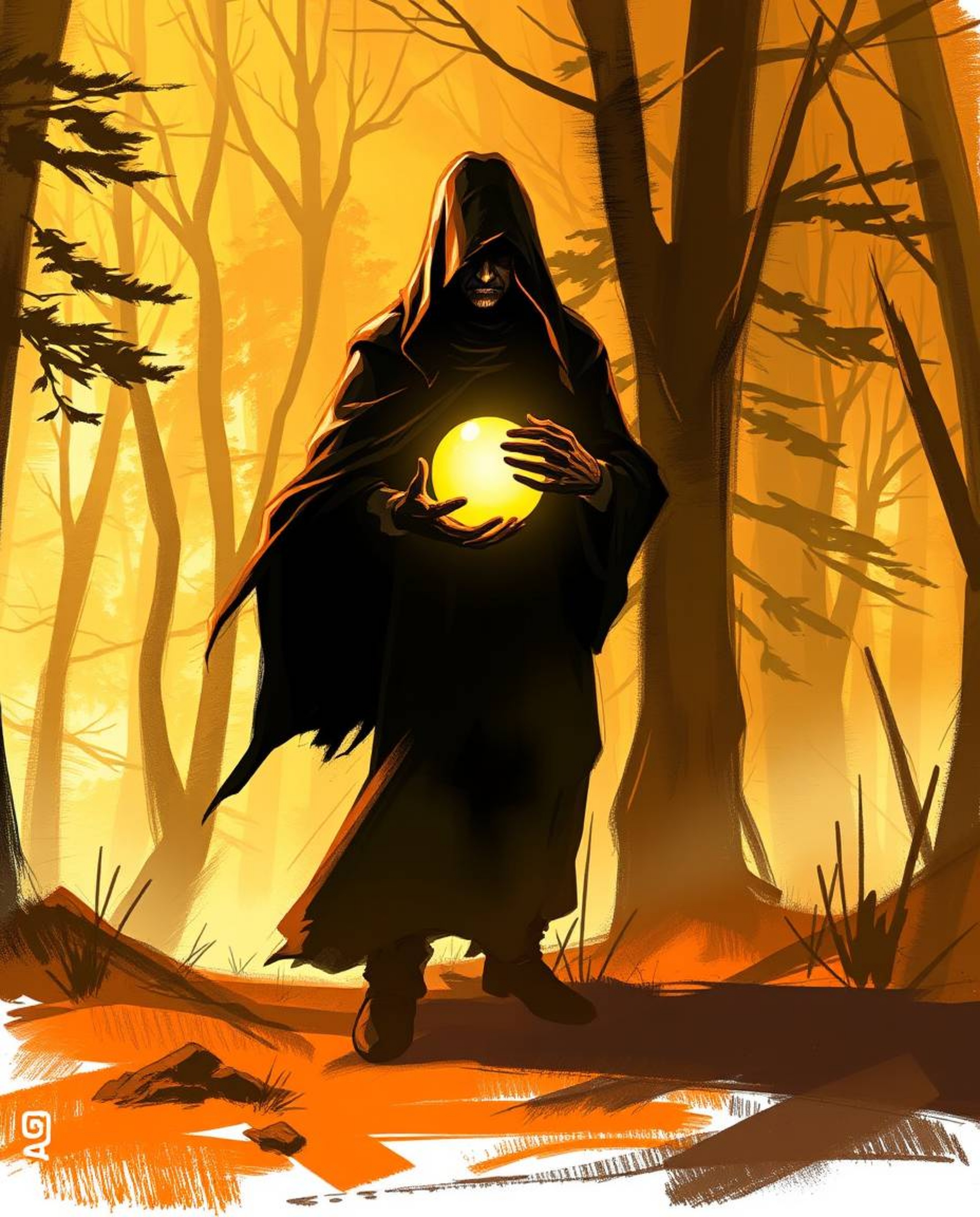 A dynamic digital sketch portrays a cloaked figure in a misty forest bathed in the warm light of golden hour, holding a radia