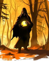 A dynamic digital sketch portrays a cloaked figure in a misty forest bathed in the warm light of golden hour, holding a radia
