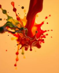 An extreme macro close-up photograph showcasing a vibrant and colorful paint splash suspended in mid-air. Captured with a hig