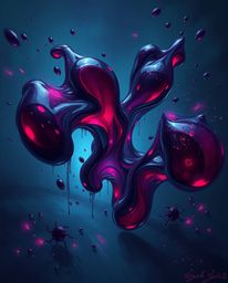 Explore a digital painting portraying an eerie and creepy atmosphere, richly colored in burgundy and deep blue. Glassy fluid 