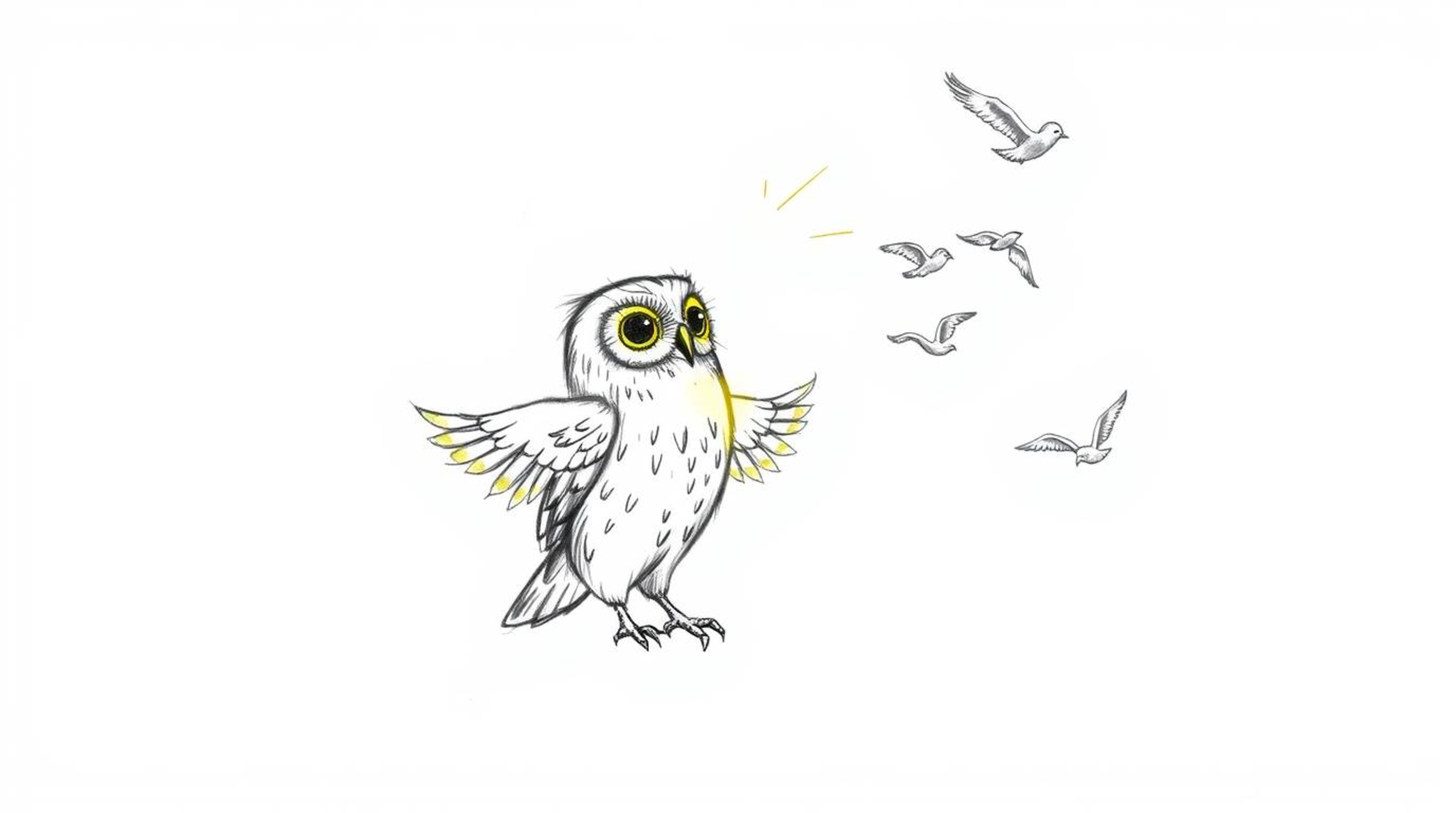 A hand-drawn sketch in Pixar style depicting a blind owl with luminous feathers basking in a sunbeam, engaged in teaching bir