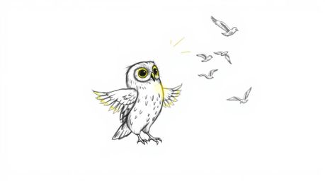 A hand-drawn sketch in Pixar style depicting a blind owl with luminous feathers basking in a sunbeam, engaged in teaching bir