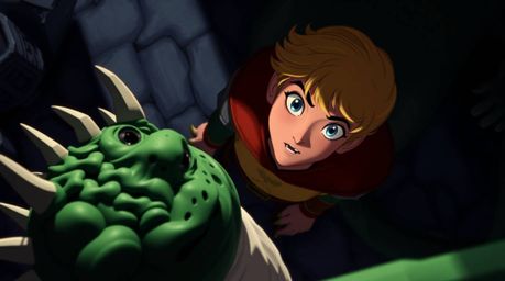 A captivating 1950s-style animation depicting a charming blond prince with blue eyes battling a fearsome green dragon.  Rende