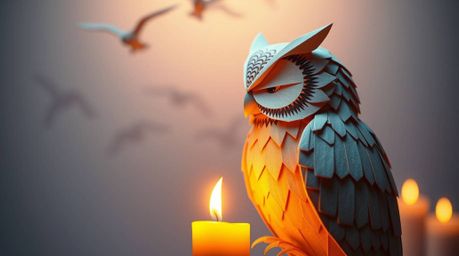 Explore the captivating image of a blind owl, rendered in intricate origami style reminiscent of Pixar animation.  Bathed in 