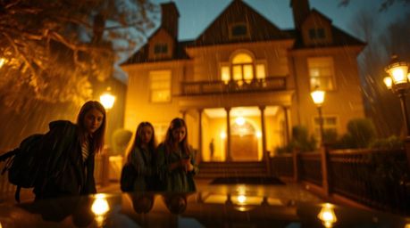 A captivating photograph showcases a group of teenagers bravely investigating a mysterious haunted mansion on a rainy night. 
