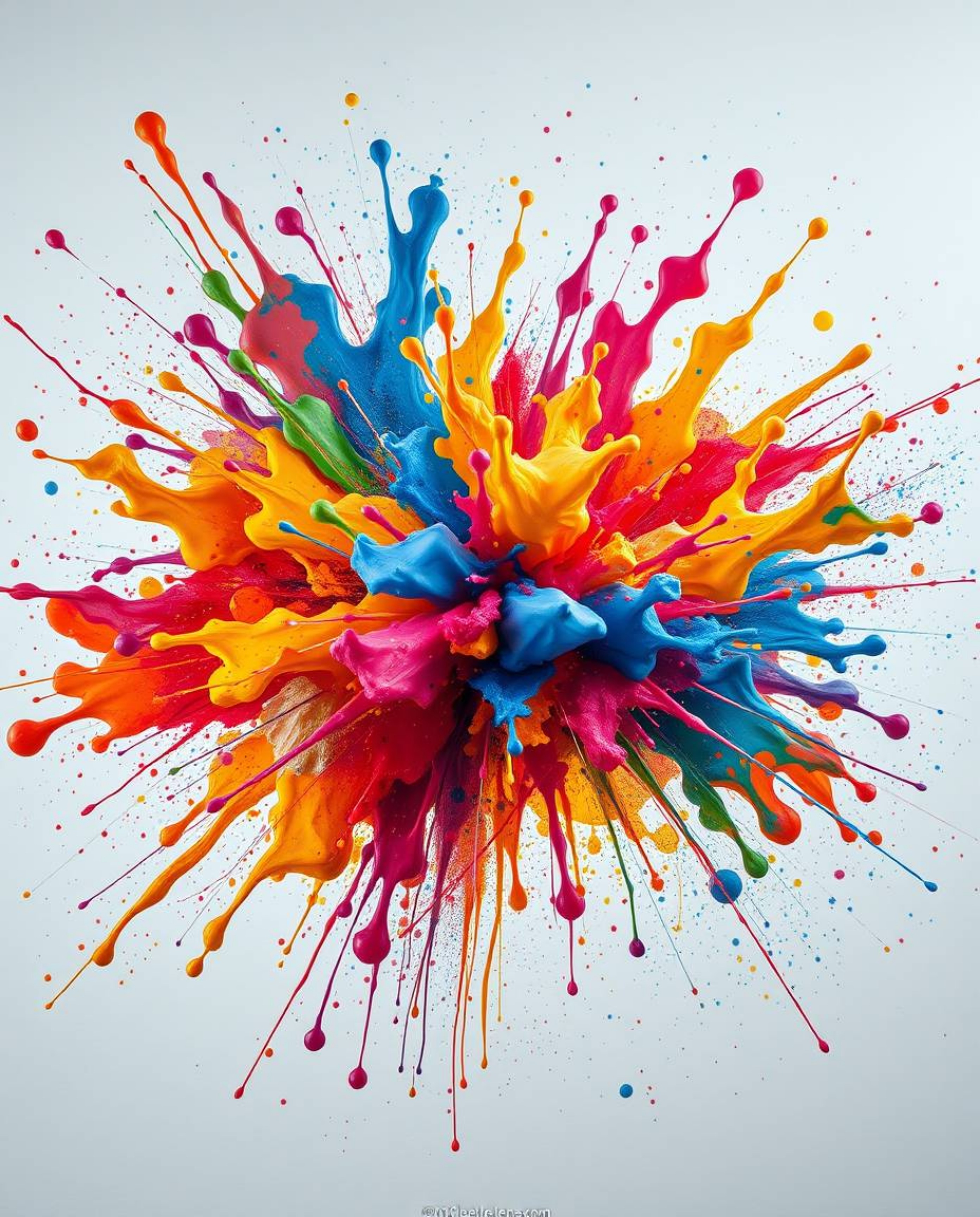 A high-resolution stock photo showcases a captivating explosion of vibrant, colorful paint splashes against a pristine white 