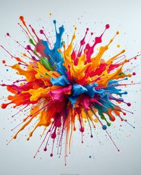 A high-resolution stock photo showcases a captivating explosion of vibrant, colorful paint splashes against a pristine white 