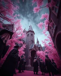 Explore a breathtaking low-angle perspective of a magical school teeming with young wizards, captured in the otherworldly bea