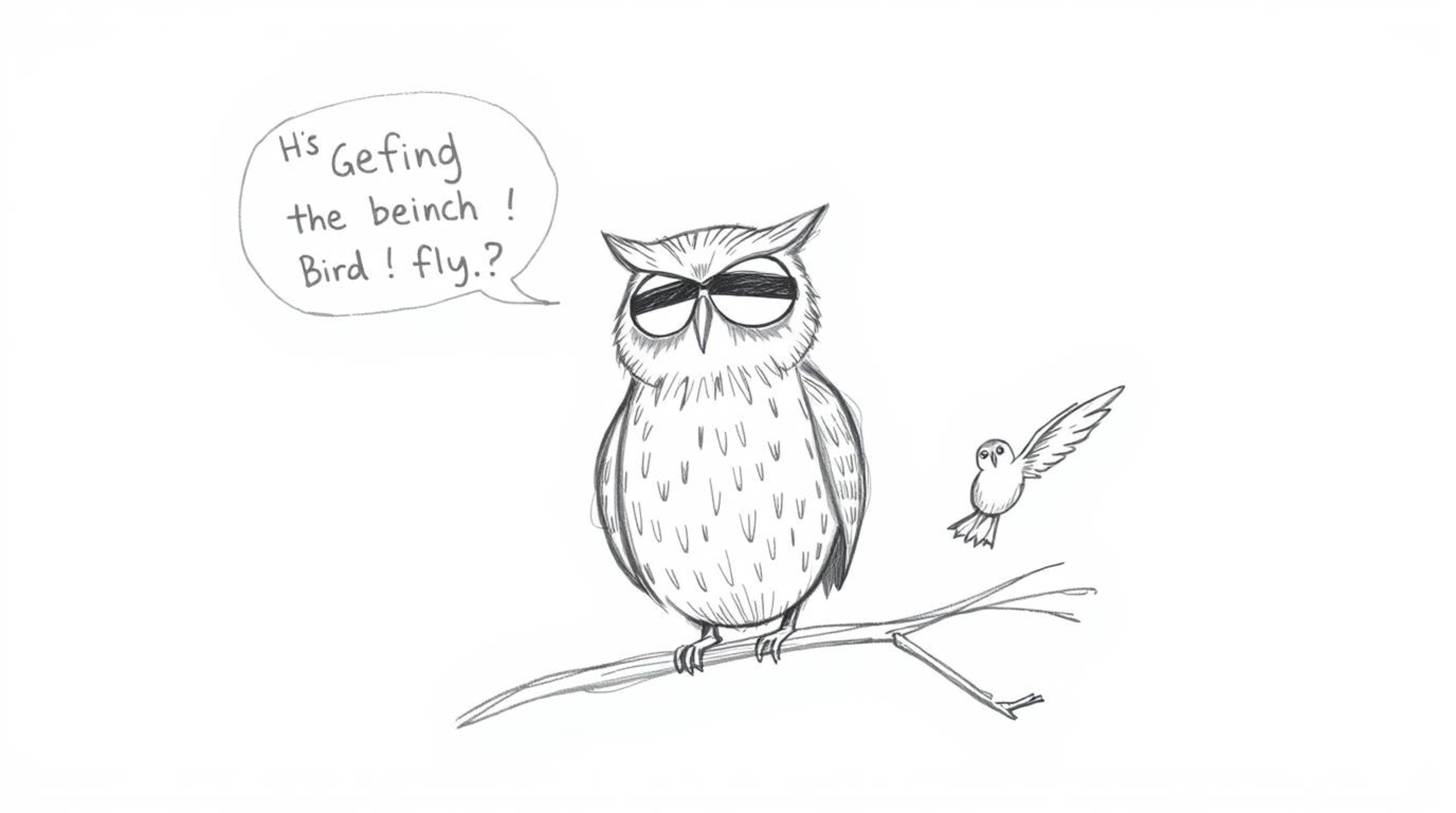 A charming hand-drawn sketch in the style of Pixar, depicts a wise, blind owl with textured pencil strokes gently guiding a g