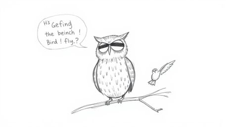 A charming hand-drawn sketch in the style of Pixar, depicts a wise, blind owl with textured pencil strokes gently guiding a g