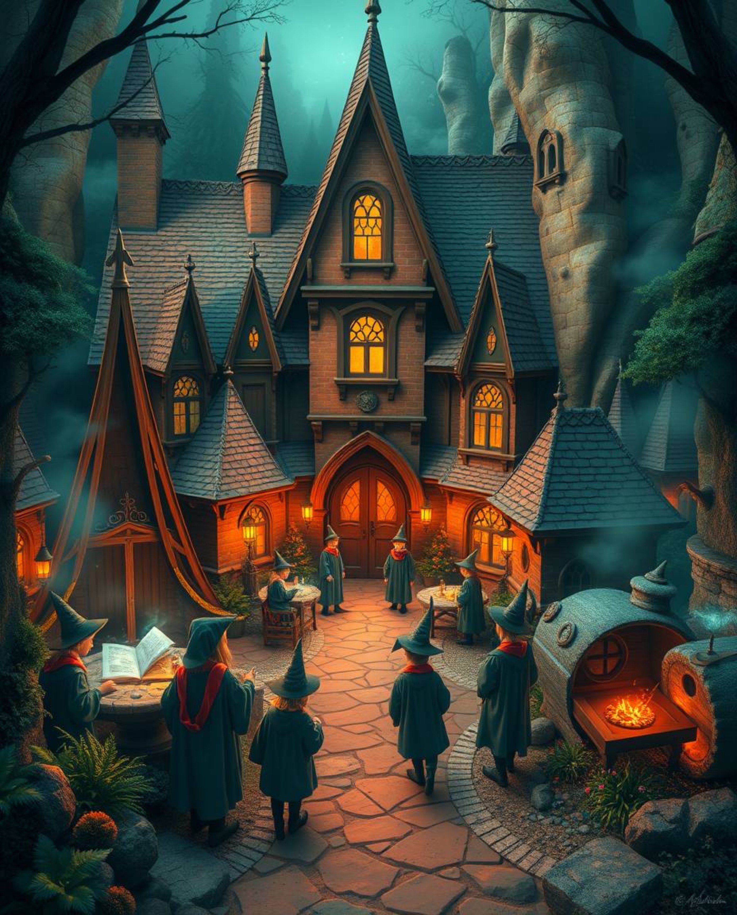 Explore a magical school brimming with young wizards, nestled in a mystical and enchanting environment. The warm terracotta a