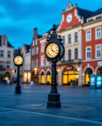 This image captures an empty town square with ticking clocks, creating a surreal and thought-provoking scene.  The photograph