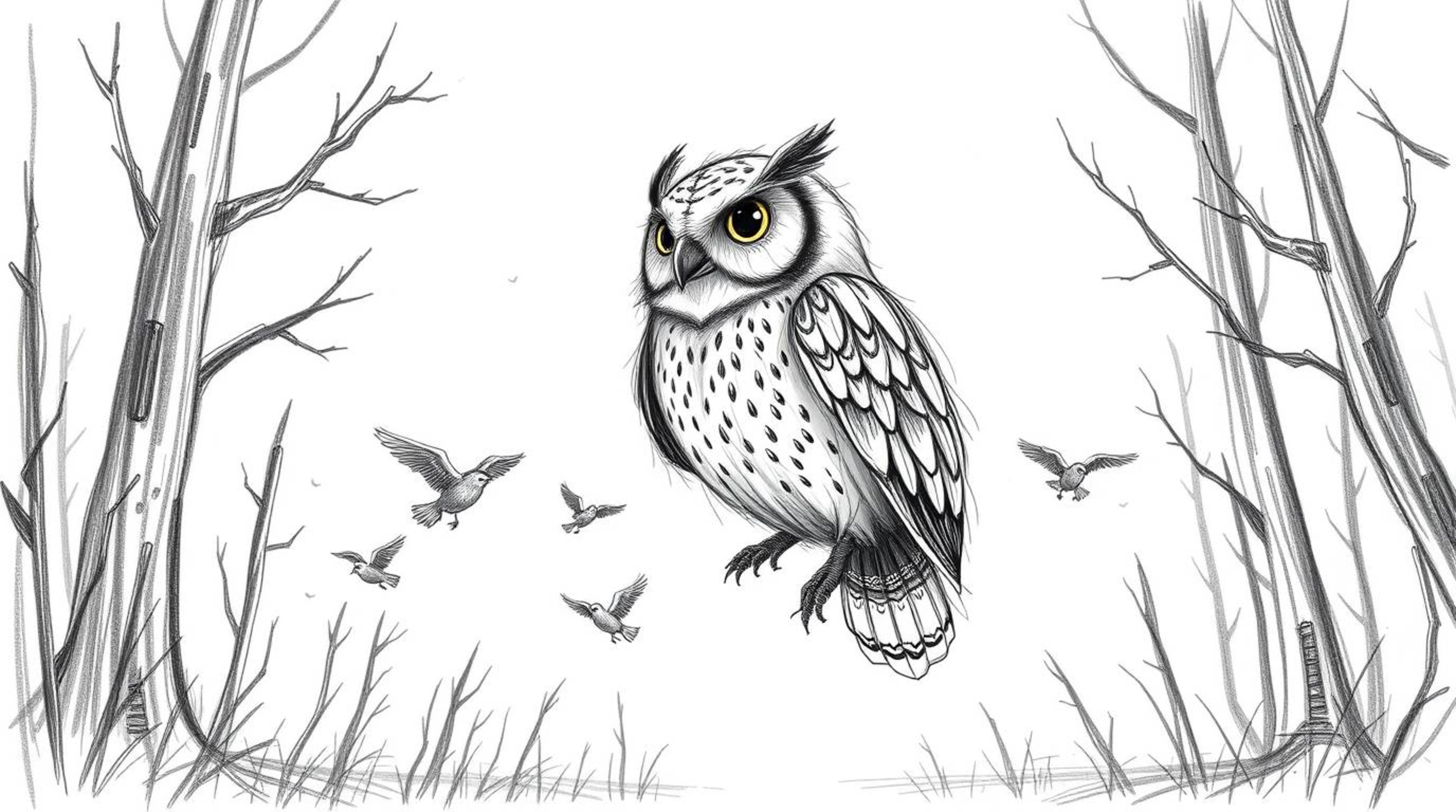 A captivating hand-drawn sketch in the style of Pixar, depicting a blind owl patiently teaching small birds to fly in a drama