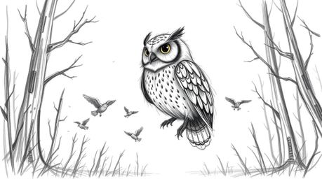 A captivating hand-drawn sketch in the style of Pixar, depicting a blind owl patiently teaching small birds to fly in a drama
