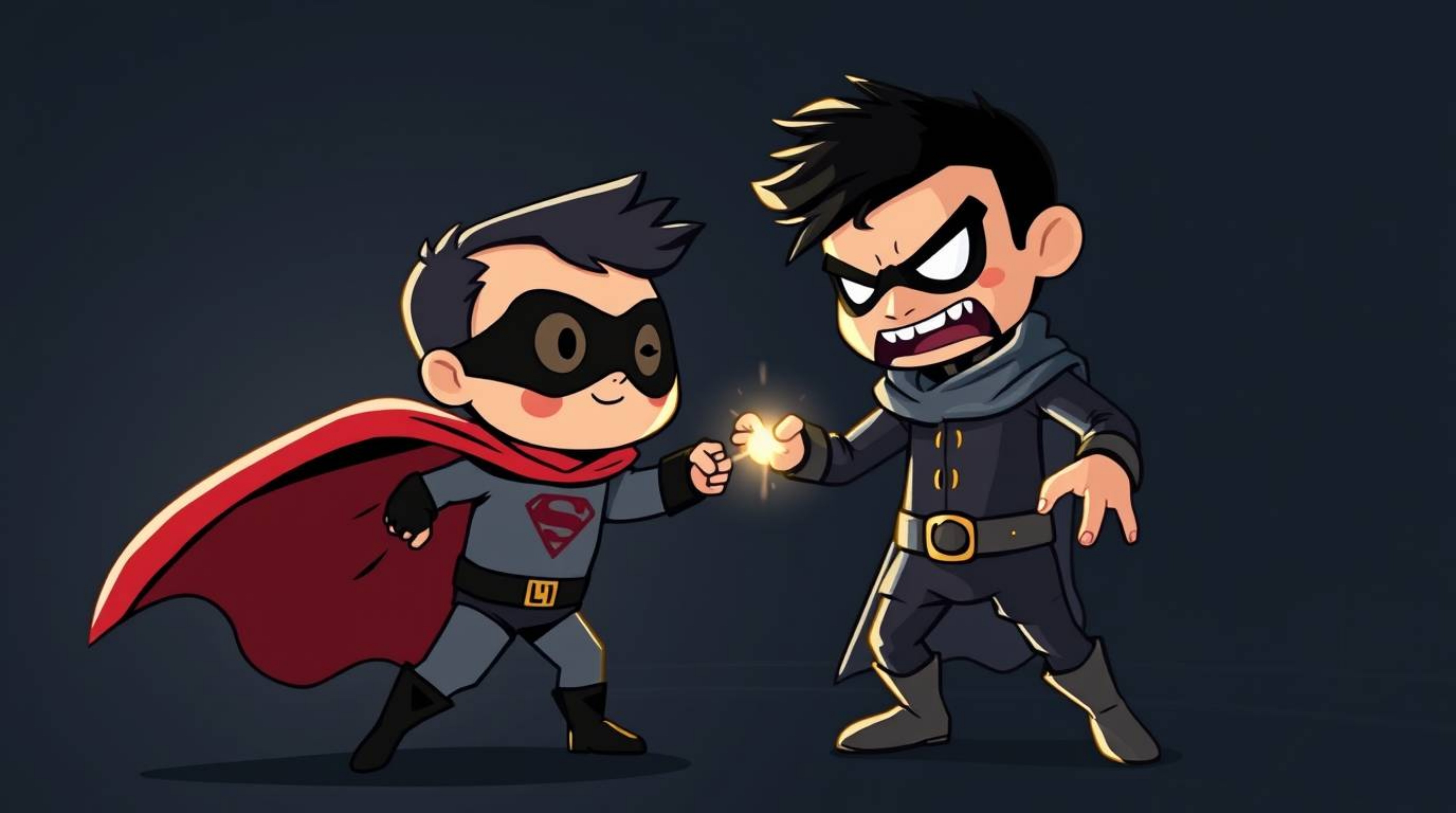 A charming illustration depicts an adorable superhero, clad in a cape, battling a silly villain.  The image features high-con