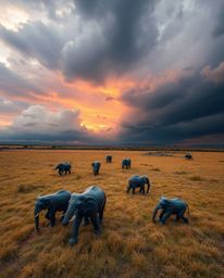 This is a cast bronze sculpture, finished with a rich patina, depicting elephants walking across a field at sunset. The scene