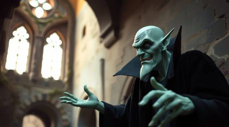 A classic Disney villain with sharp, angular features and pale green skin is captured in a candid street photography style sh