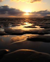 A photograph depicts a warm golden hour sunset sky mirrored in the still waters of tidal pools on a beach. The scene is chara