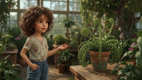A high-resolution, commercial-quality stock photo depicting a whimsical, Pixar-style scene in a lush greenhouse. A bright-eye