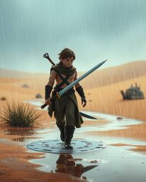 A brave Disney-style hero embarks on a breathtaking desert adventure, unexpectedly caught in a mesmerizing rain shower.  The 