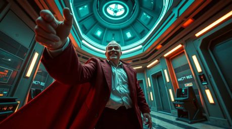 Precise architectural color photography captures a villain's humorous breakdown within a sharp, detailed, high-tech lair. Emp