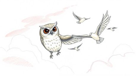 A captivating image of a blind owl, possessing a wise and gentle demeanor, leading a flock of birds through the air. This sce