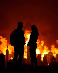 A dramatic color photograph capturing silhouetted figures against the harrowing backdrop of a city consumed by flames. The sh