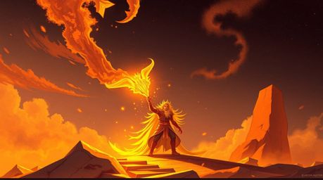 This illustration depicts a dramatic scene rendered in warm golden hues, featuring an anvil poised to fall upon a radiant and