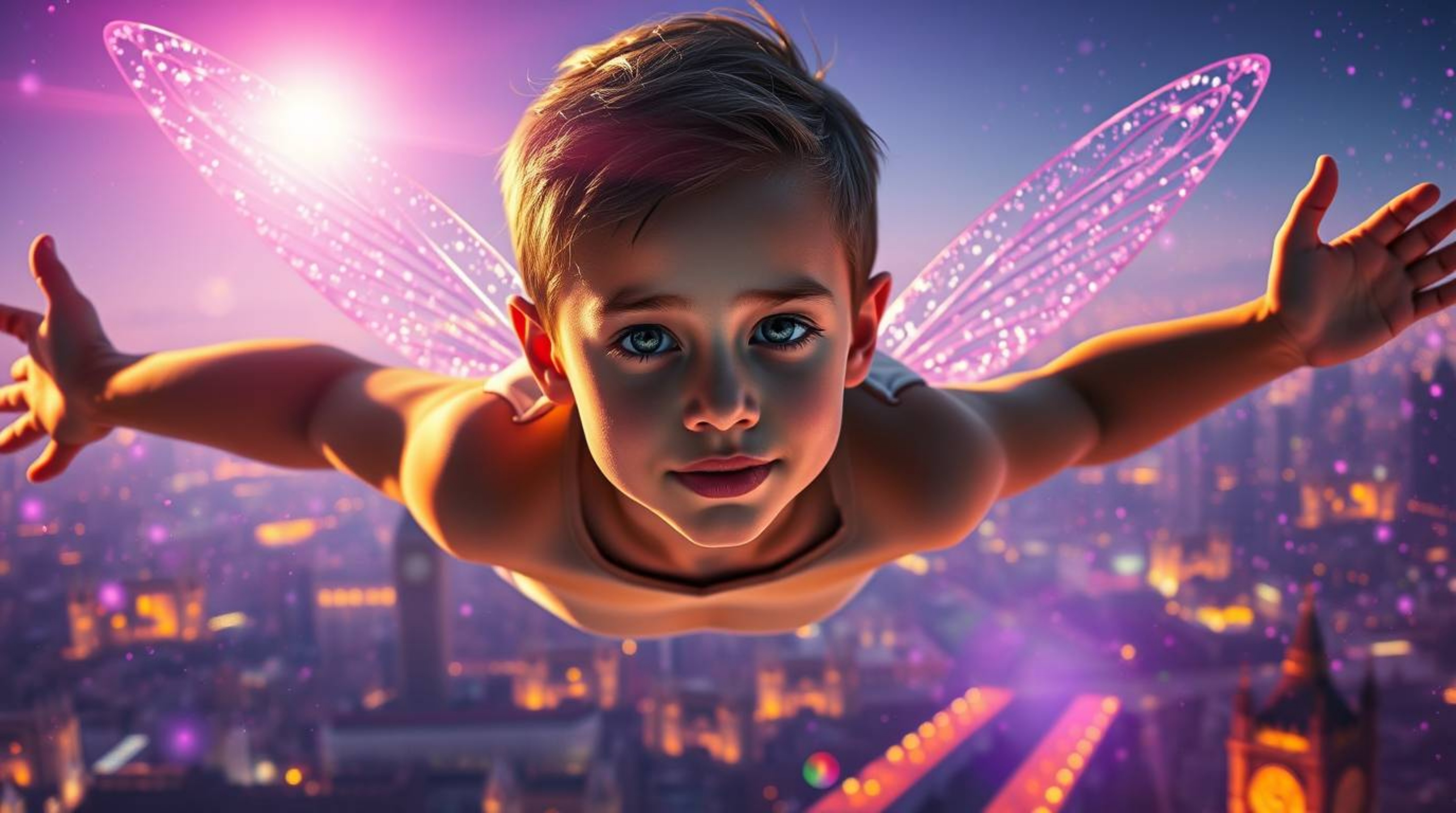 A photorealistic digital artwork depicting a young boy with delicate features and light skin gracefully soaring above London.
