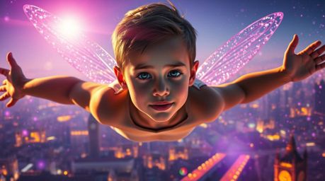 A photorealistic digital artwork depicting a young boy with delicate features and light skin gracefully soaring above London.
