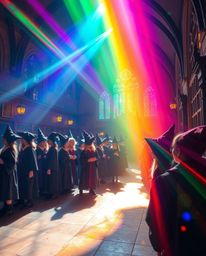 Capture the enchanting atmosphere of a magical school filled with young wizards through vibrant, iridescent photography. The