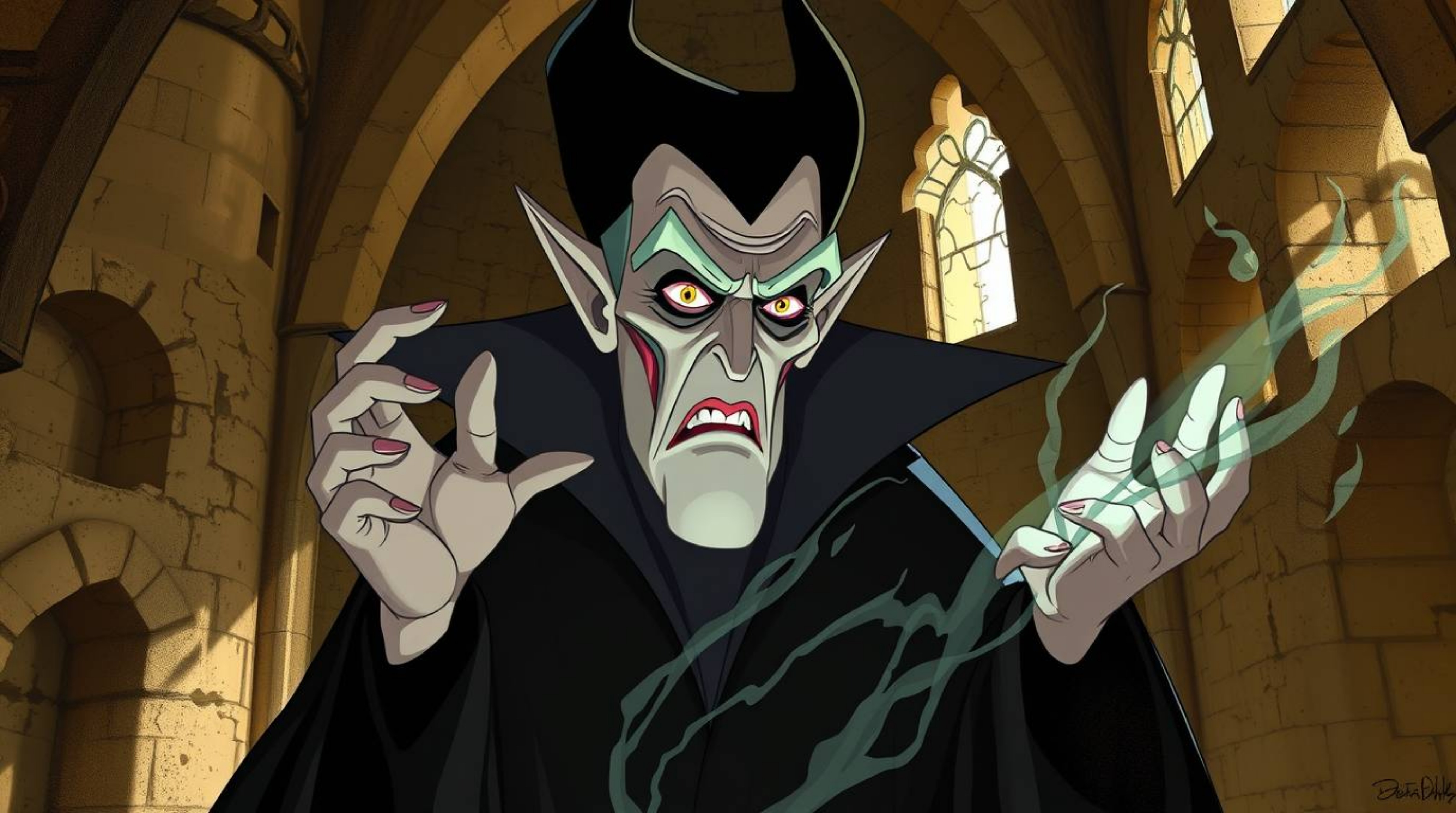 A captivating digital painting depicts a classic Disney villain, rendered in a creative light art style.  The artwork feature