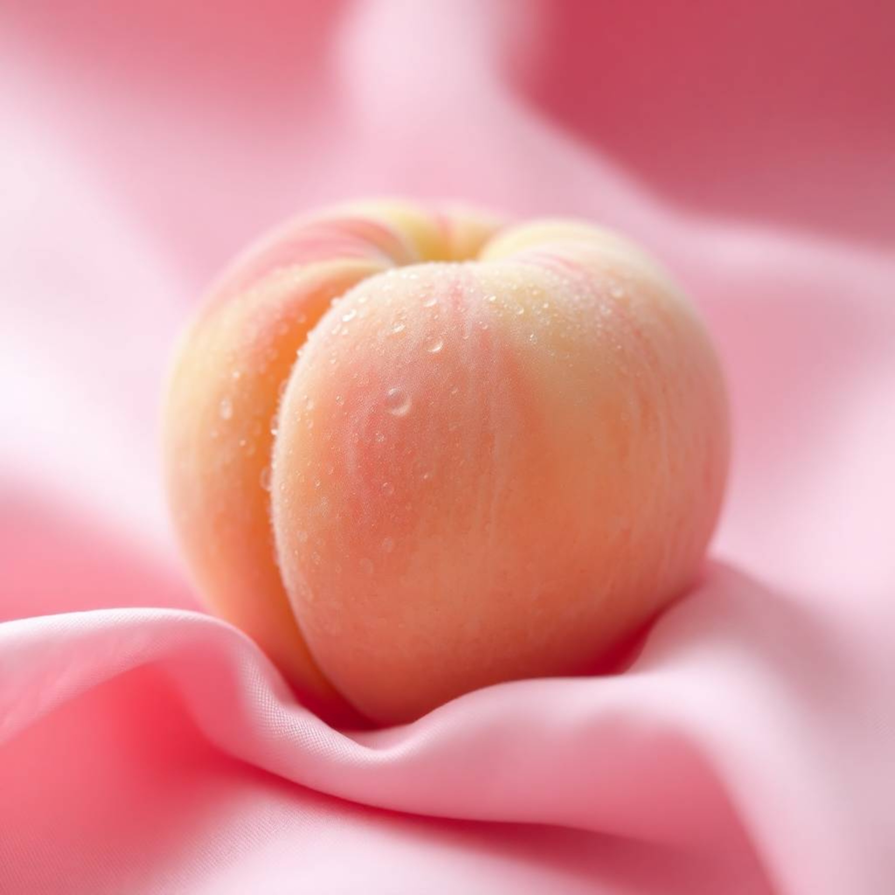 A close-up ASMR image showcases a soft, blushing pink peach with a delightful fuzzy texture. Glistening condensation rests de