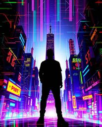Immerse yourself in a vibrant, energetic glitchy digital landscape featuring distorted skyscrapers and static noise, silhouet