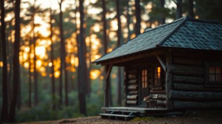 Experience the enchanting allure of an old wooden cabin nestled deep within the woods, bathed in the warm glow of a setting s