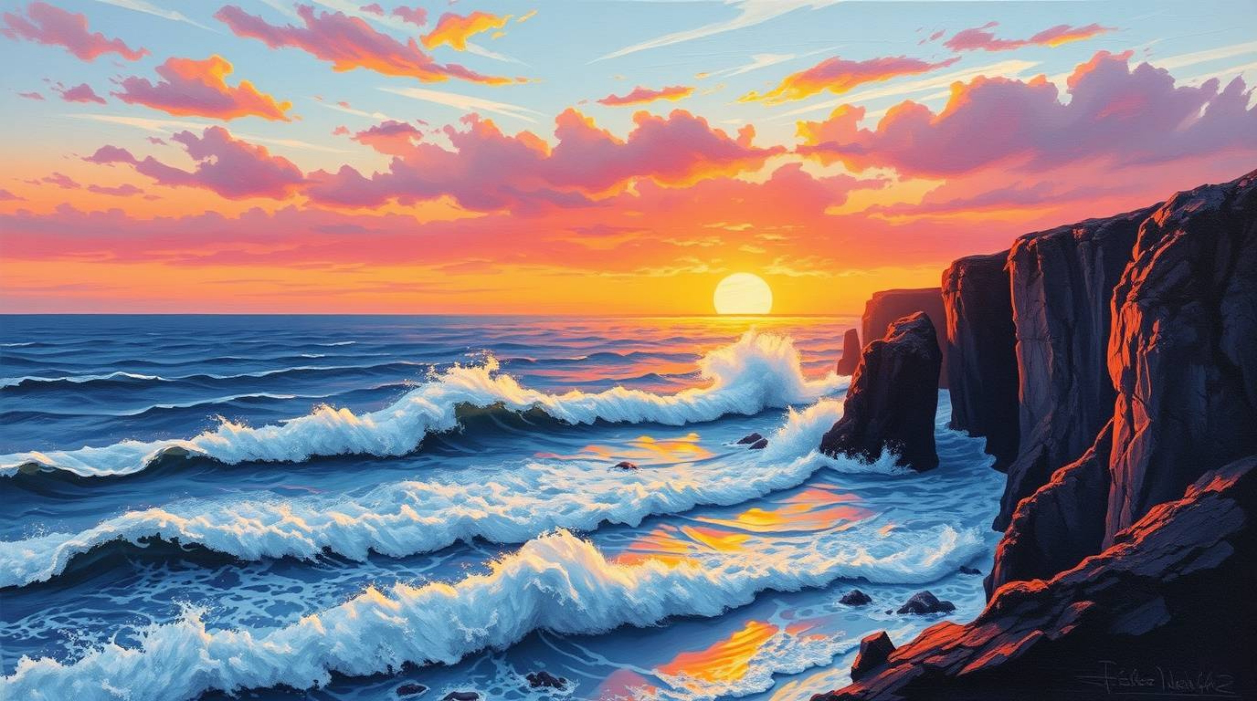 A bold acrylic painting captures the dynamic energy of waves crashing against rugged cliffs beneath a blazing sunset sky. The