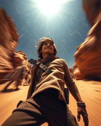A captivating low-angle shot depicts a brave Disney-style hero embarking on a desert adventure. Long exposure photography cr