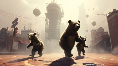 Discover a whimsical digital painting depicting a bear family embarking on a surreal urban adventure.  Immerse yourself in a 
