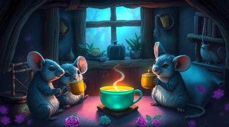 A captivating digital painting depicts anthropomorphic mice enjoying a delightful tea party within a cozy cottage.  The scene