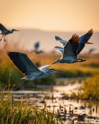 A high-resolution stock photo offering a tight close-up of a golden hour wetlands scene with herons in flight. This commercia