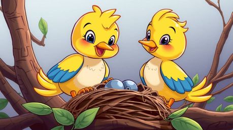 This high-resolution stock photo showcases two adorable cartoon birds diligently constructing their nest. Rendered in a char