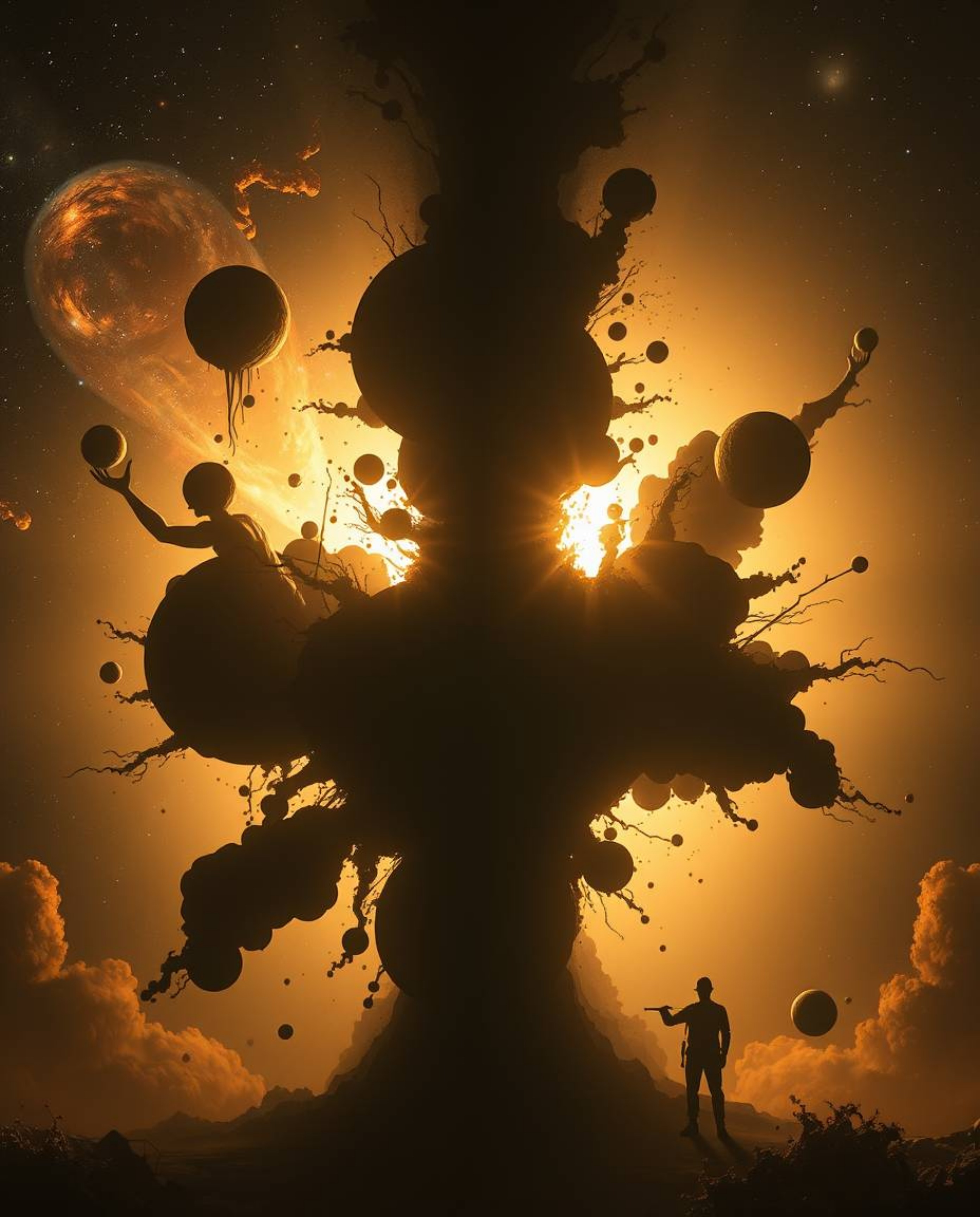 A surreal artwork depicts silhouetted galaxies colliding in a vibrant cosmic explosion.  The dreamlike image features fantast