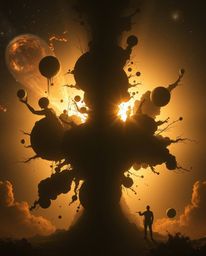 A surreal artwork depicts silhouetted galaxies colliding in a vibrant cosmic explosion.  The dreamlike image features fantast