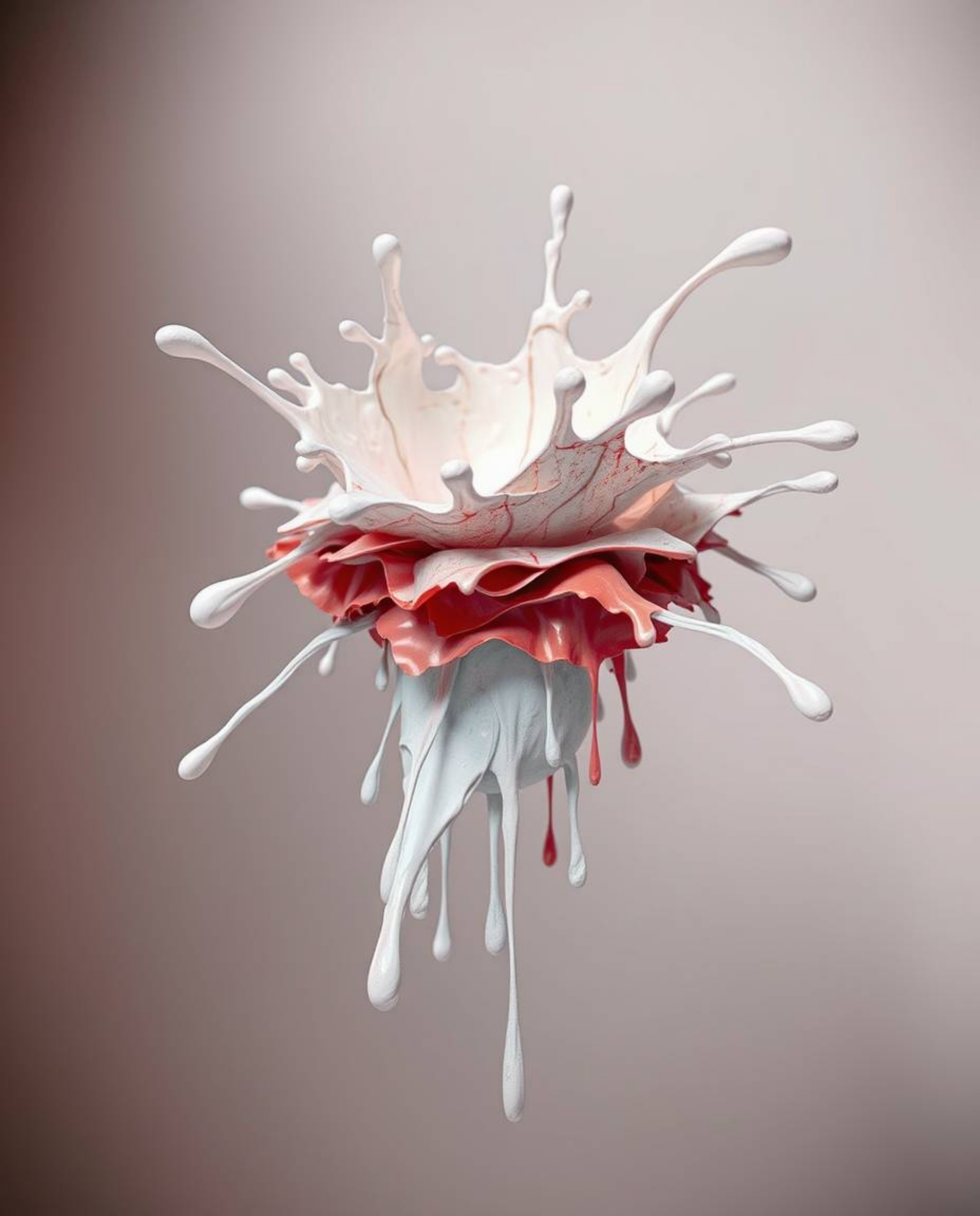 Experience the surreal beauty of a layered papier-mâché sculpture, a paint splash seemingly frozen in mid-air. This image, ca