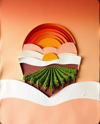 This unique artwork features a layered papier-mâché sculpture depicting a sunset over a vineyard, as seen from an overhead vi