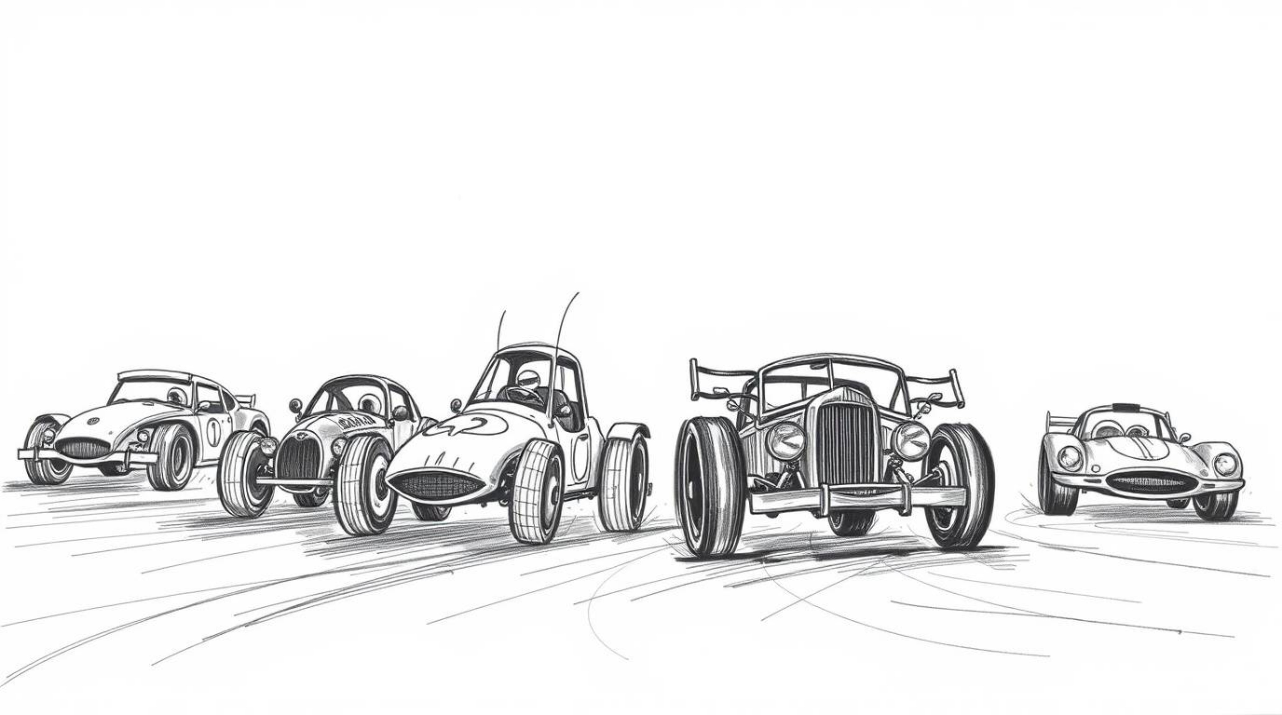 Experience the thrill of a wacky racing scene brought to life with a hand-drawn sketch aesthetic. Featuring outlandish cars s